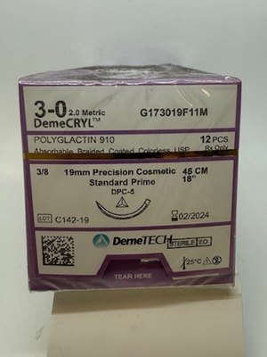 DemeCRYL Sutures 3/0 45cm 19mm Micropoint Curved Spatula Clear