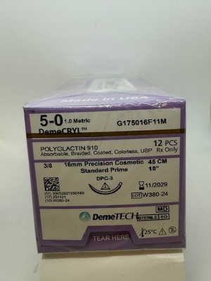 DemeCRYL Sutures 5/0 45cm 16mm Micropoint Curved Spatula Clear