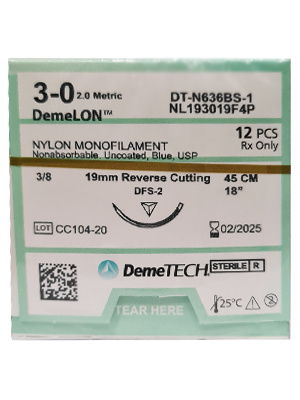 DemeLON Sutures 3/0 45cm 19mm Reverse Cutting Blue