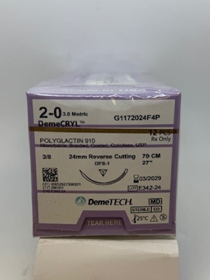 DemeCRYL Suture 2/0 70cm 24mm Reverse Cutting Clear