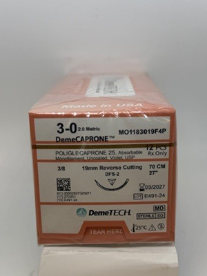 DemeCAPRONE Suture 3/0 70cm 19mm Reverse Cutting Violet